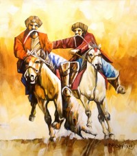 Momin Khan, 24 x 30 Inch, Acrylic on Canvas, Buzkashi Painting, AC-MK-135